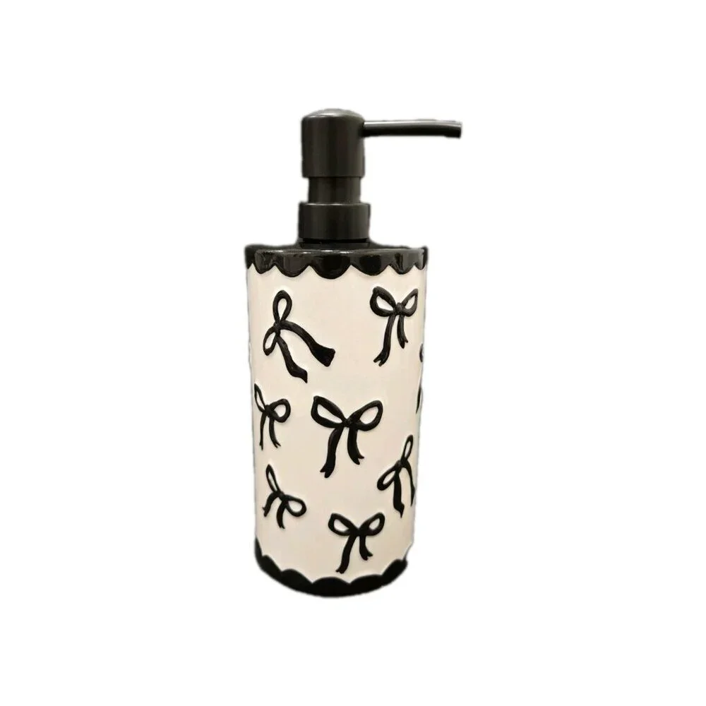 New Girly Soap Dispenser White & Black Bows Coquette Bathroon Vanity Decor